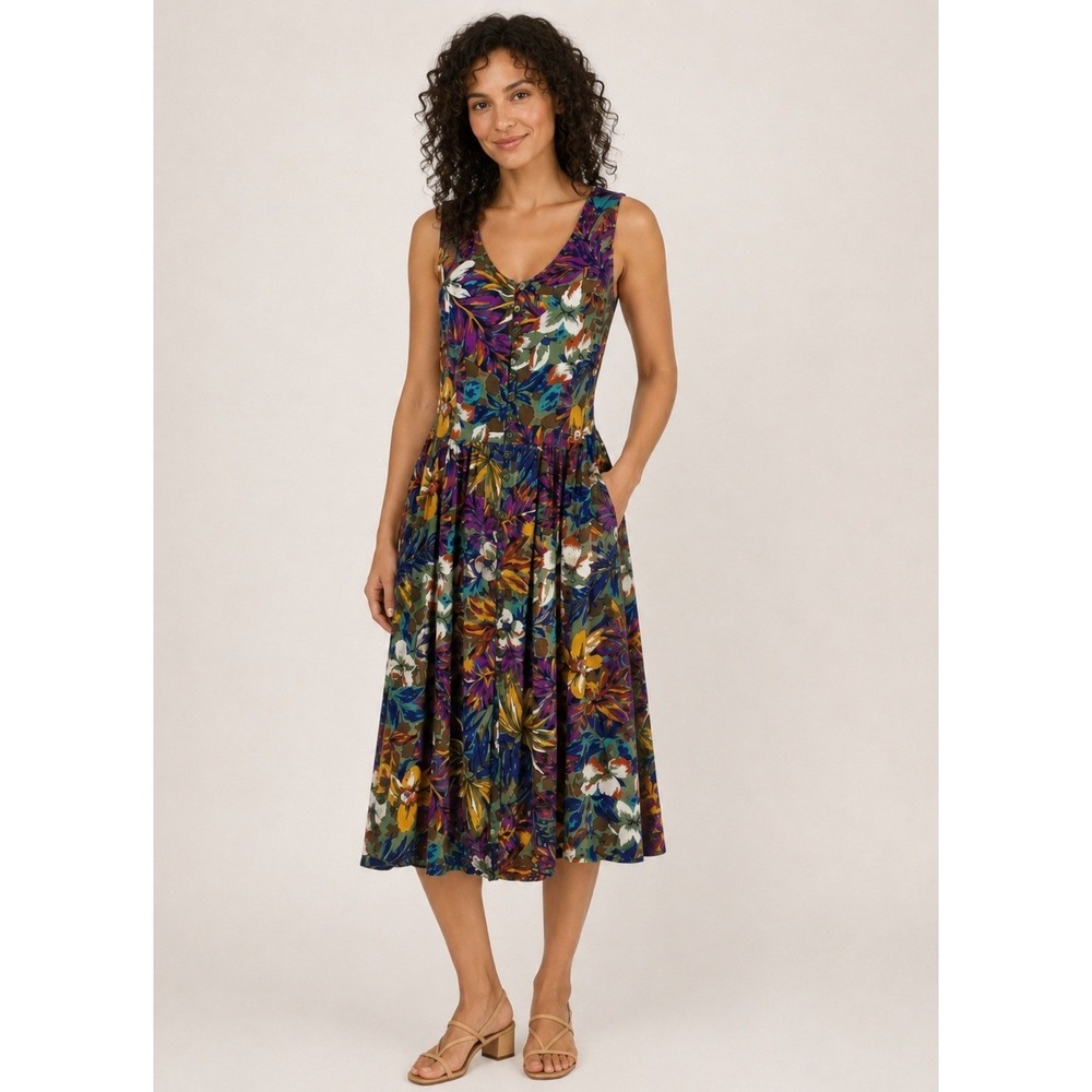 Vintage Jamie Brooke Floral Maxi Dress Womens 10 Button Front Tropical Vacation